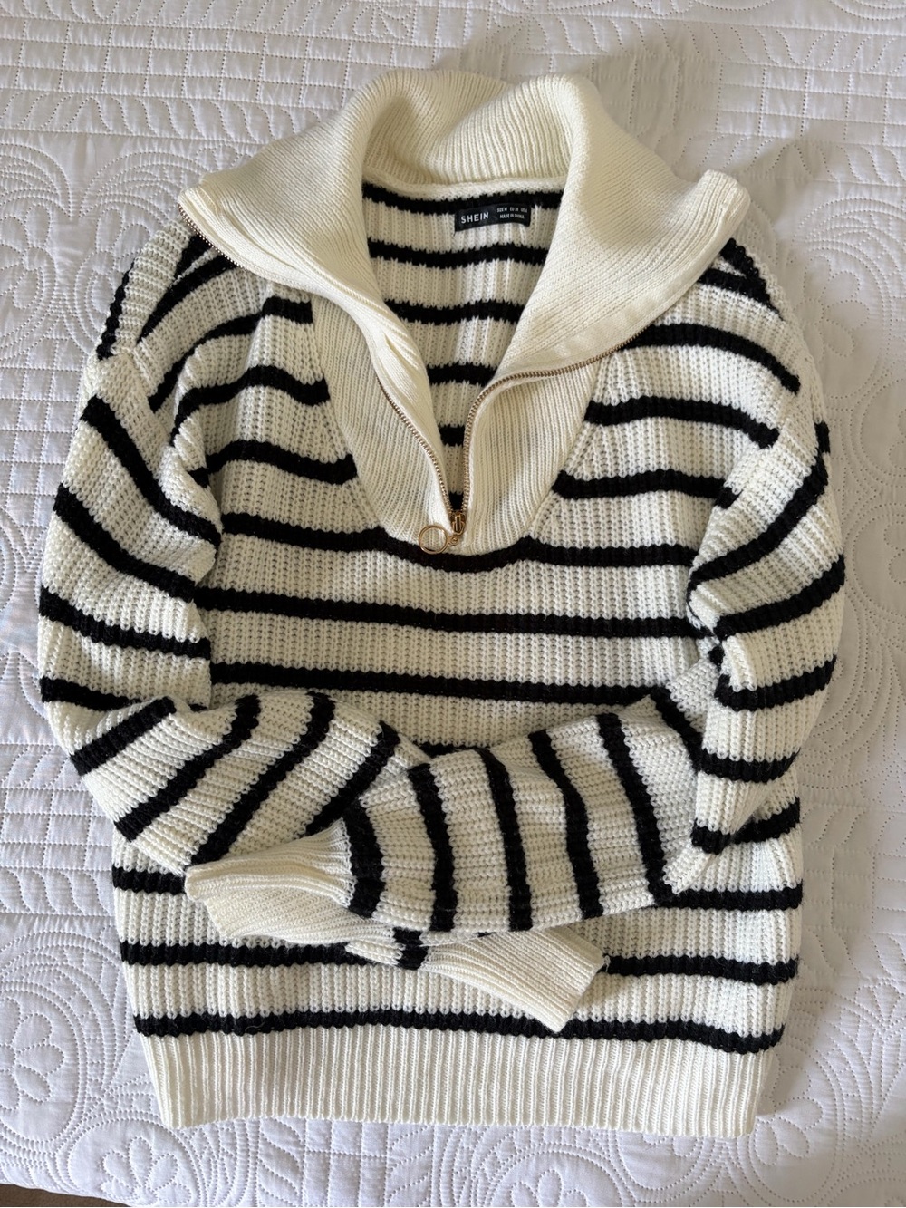 Cream & Black Striped Half-Zip Sweater